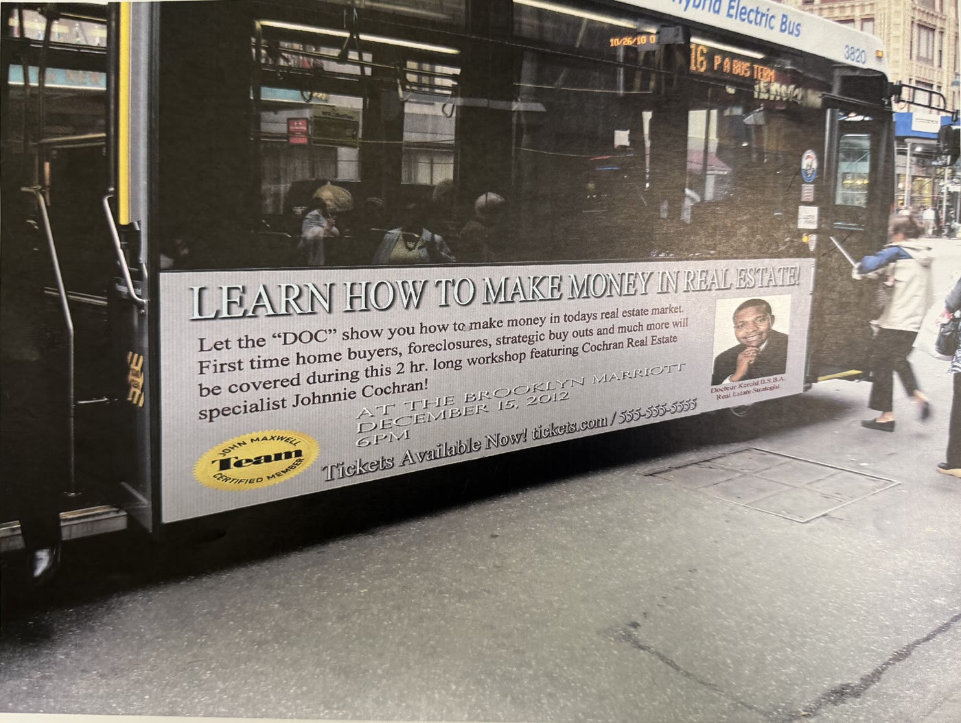New York City bus advertisement for a real estate workshop with Docteur Kerold at the Brooklyn Marriott, December 2012