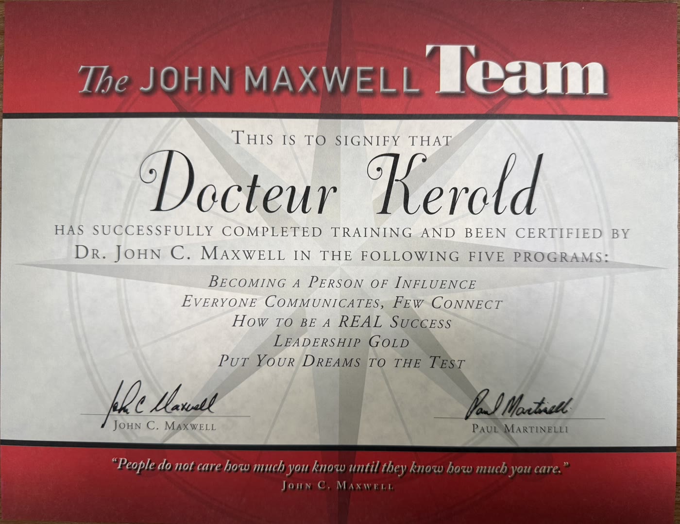 John Maxwell Team certificate issued to Docteur Kerold for five completed programs