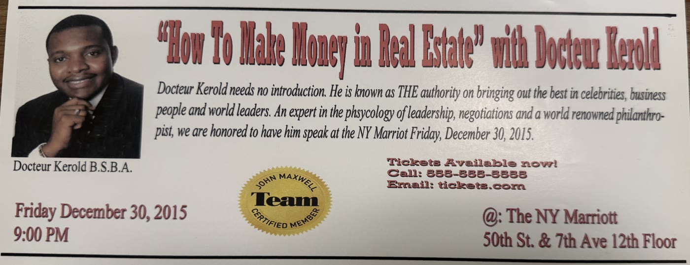 Flyer for a real estate seminar with Docteur Kerold at the NY Marriott, December 2015